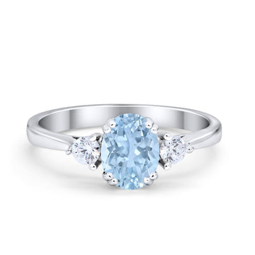 Three Stone Wedding Ring Oval Simulated Aquamarine CZ 925 Sterling Silver